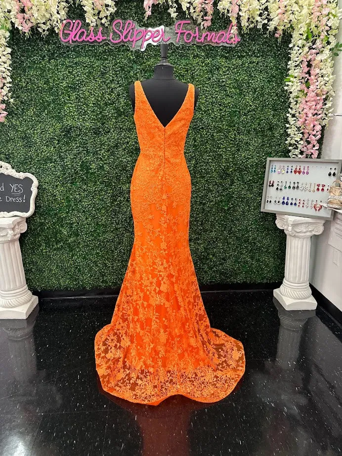 Johnathan Kayne 31575 Size 4 Orange Lace V Neck Fitted Formal Prom Dress