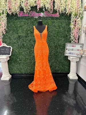 Johnathan Kayne 31575 Size 4 Orange Lace V Neck Fitted Formal Prom Dress