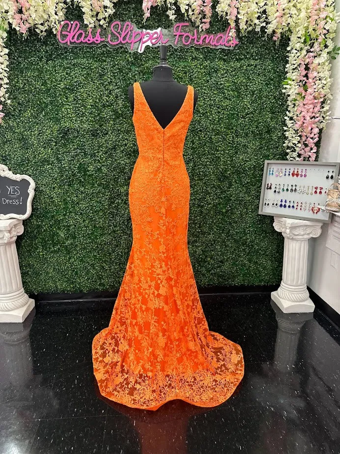 Johnathan Kayne 31575 Size 4 Orange Lace V Neck Fitted Formal Prom Dress