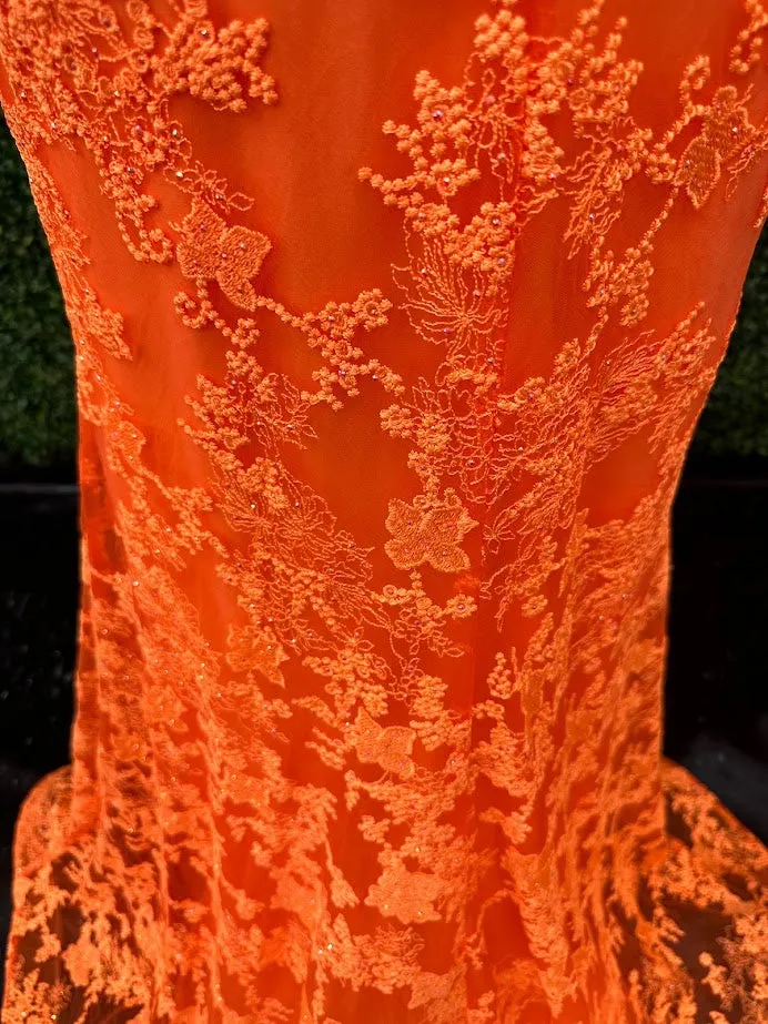 Johnathan Kayne 31575 Size 4 Orange Lace V Neck Fitted Formal Prom Dress