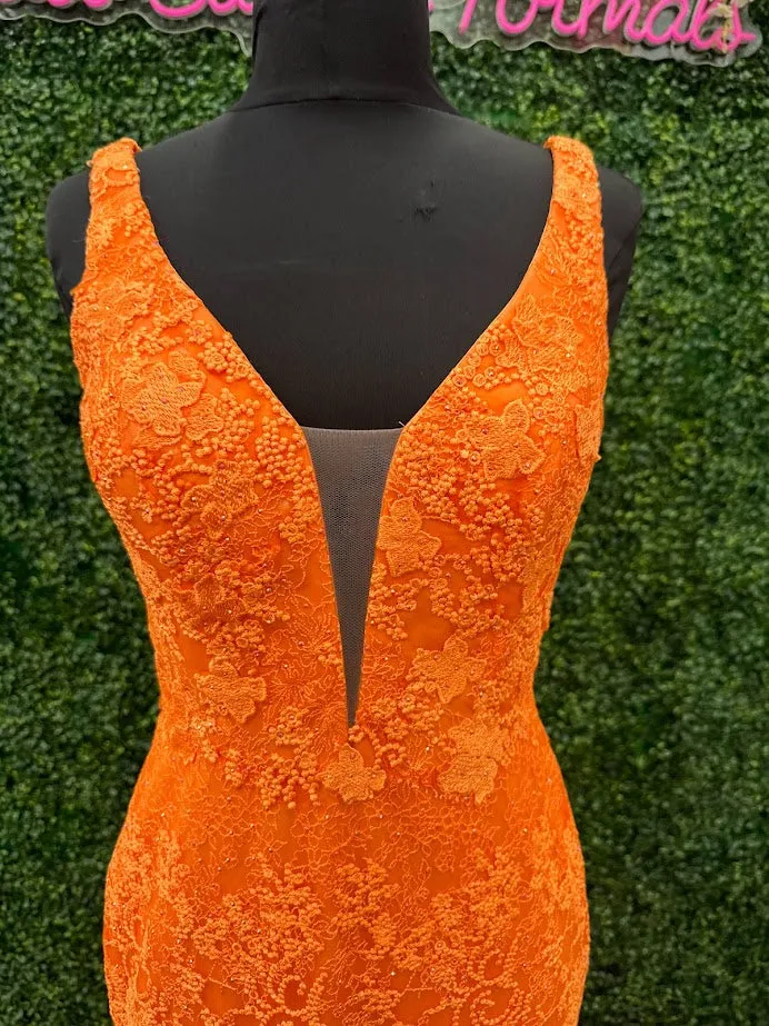 Johnathan Kayne 31575 Size 4 Orange Lace V Neck Fitted Formal Prom Dress