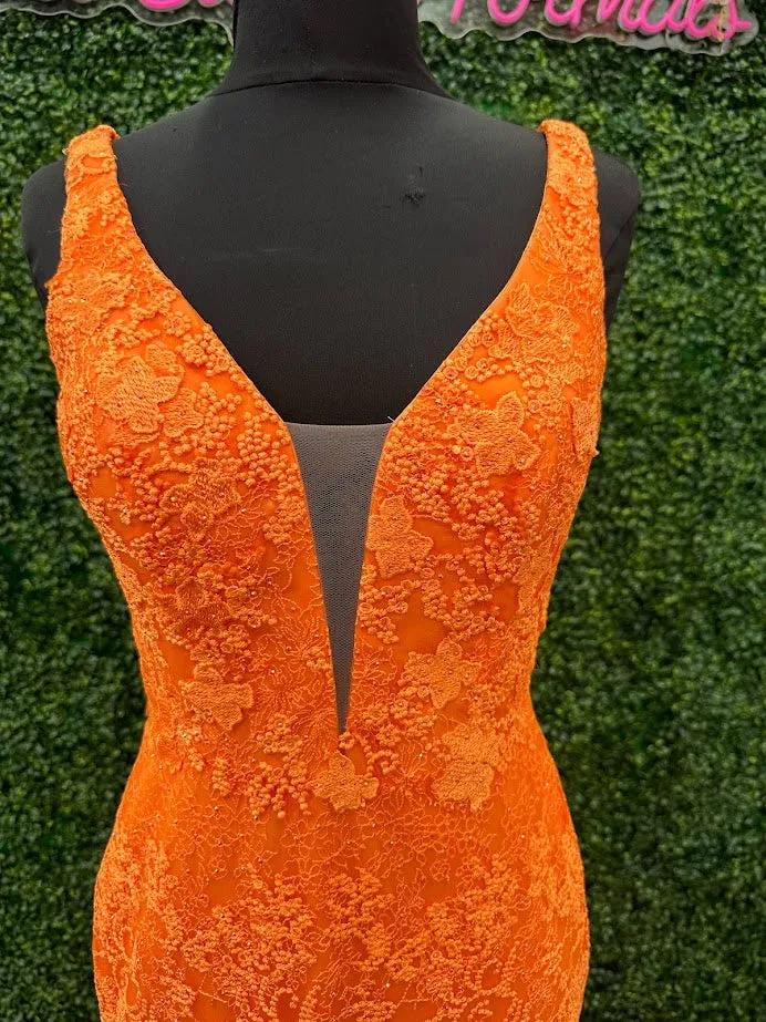 Johnathan Kayne 31575 Size 4 Orange Lace V Neck Fitted Formal Prom Dress