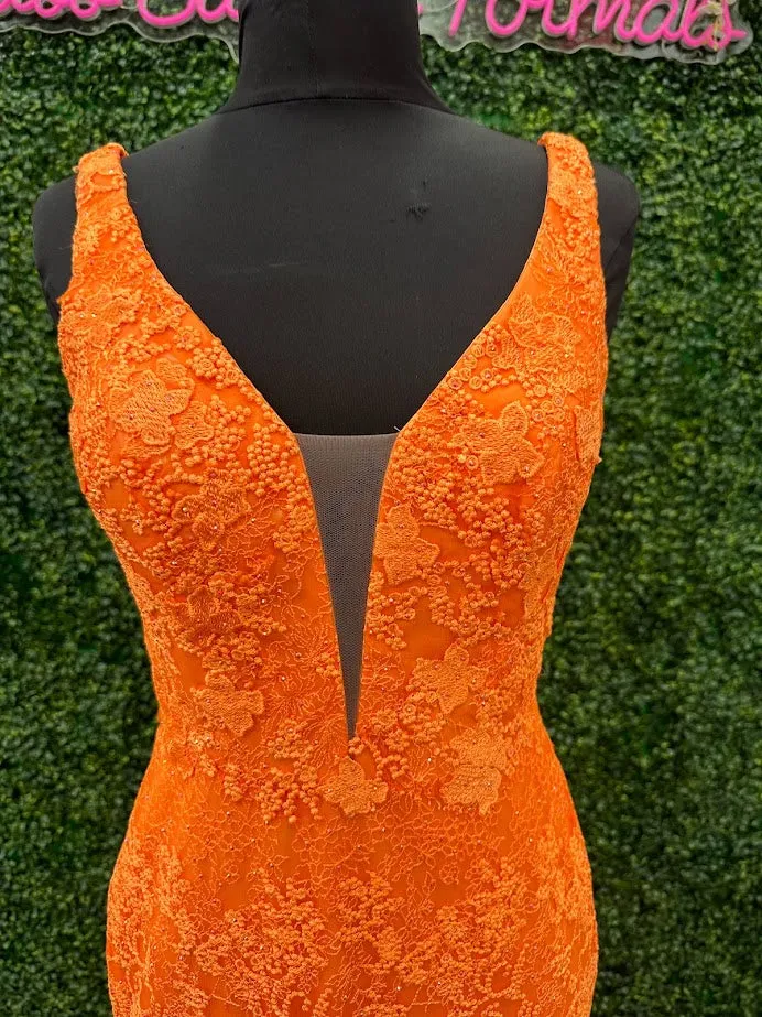 Johnathan Kayne 31575 Size 4 Orange Lace V Neck Fitted Formal Prom Dress