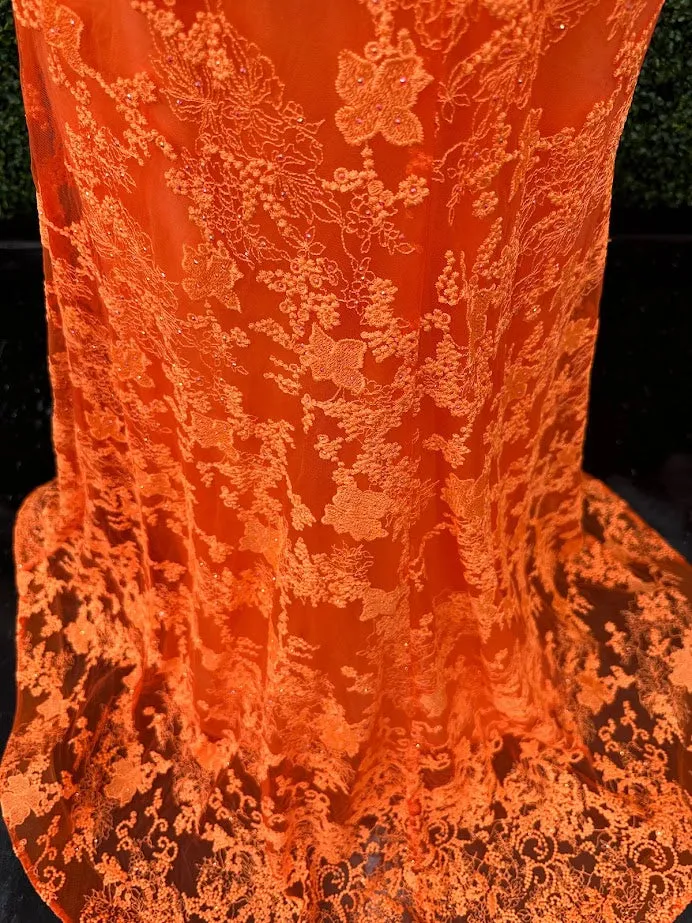Johnathan Kayne 31575 Size 4 Orange Lace V Neck Fitted Formal Prom Dress