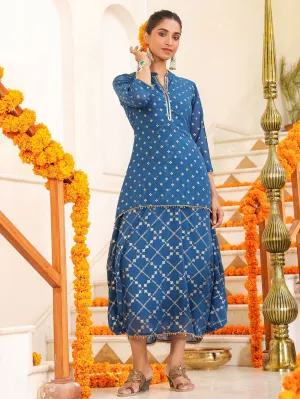 Juniper  Indigo Ethnic Motif Printed Georgette Draped Maxi Dress With Sequins