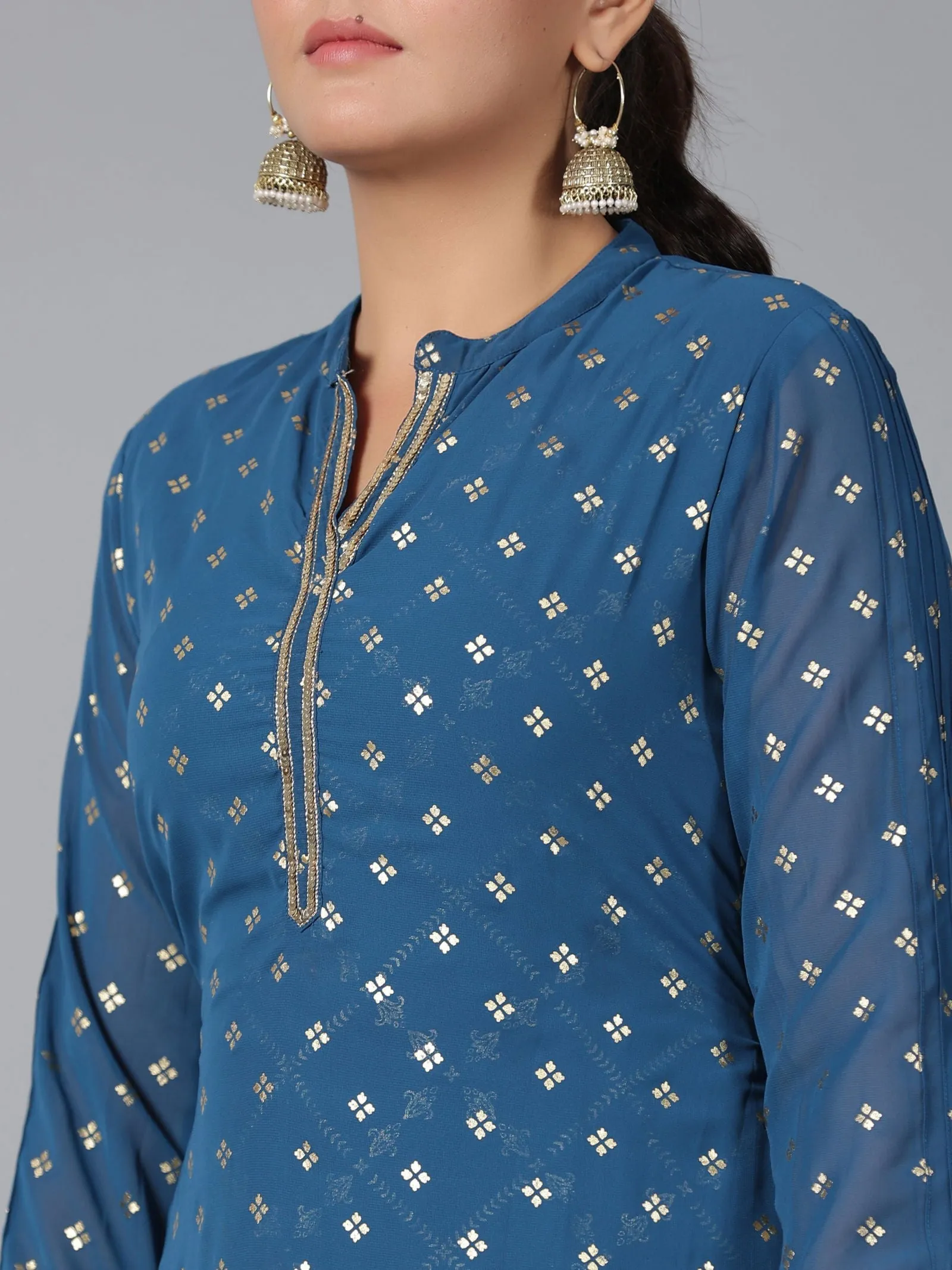 Juniper  Indigo Ethnic Motif Printed Georgette Draped Maxi Dress With Sequins