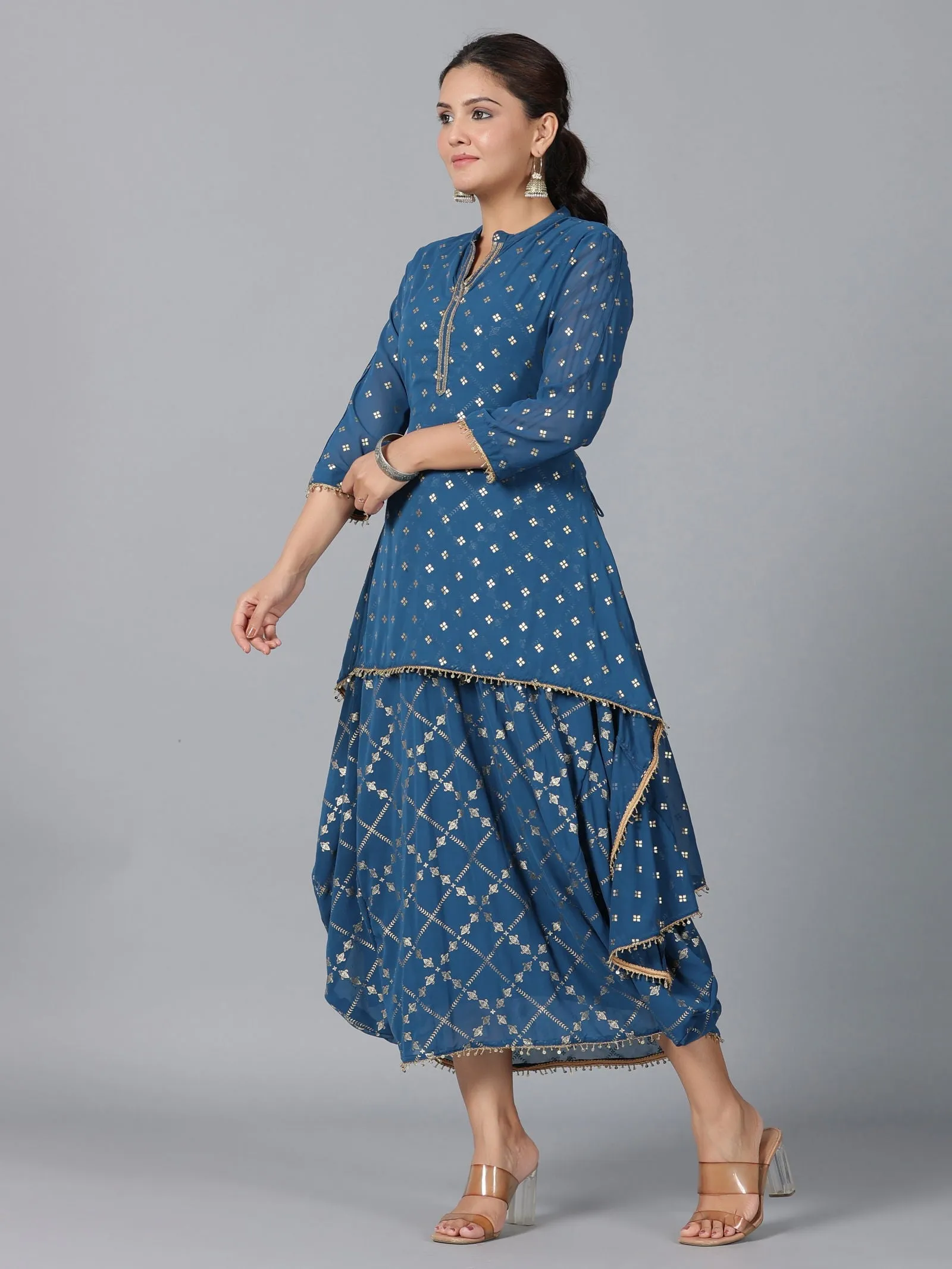 Juniper  Indigo Ethnic Motif Printed Georgette Draped Maxi Dress With Sequins