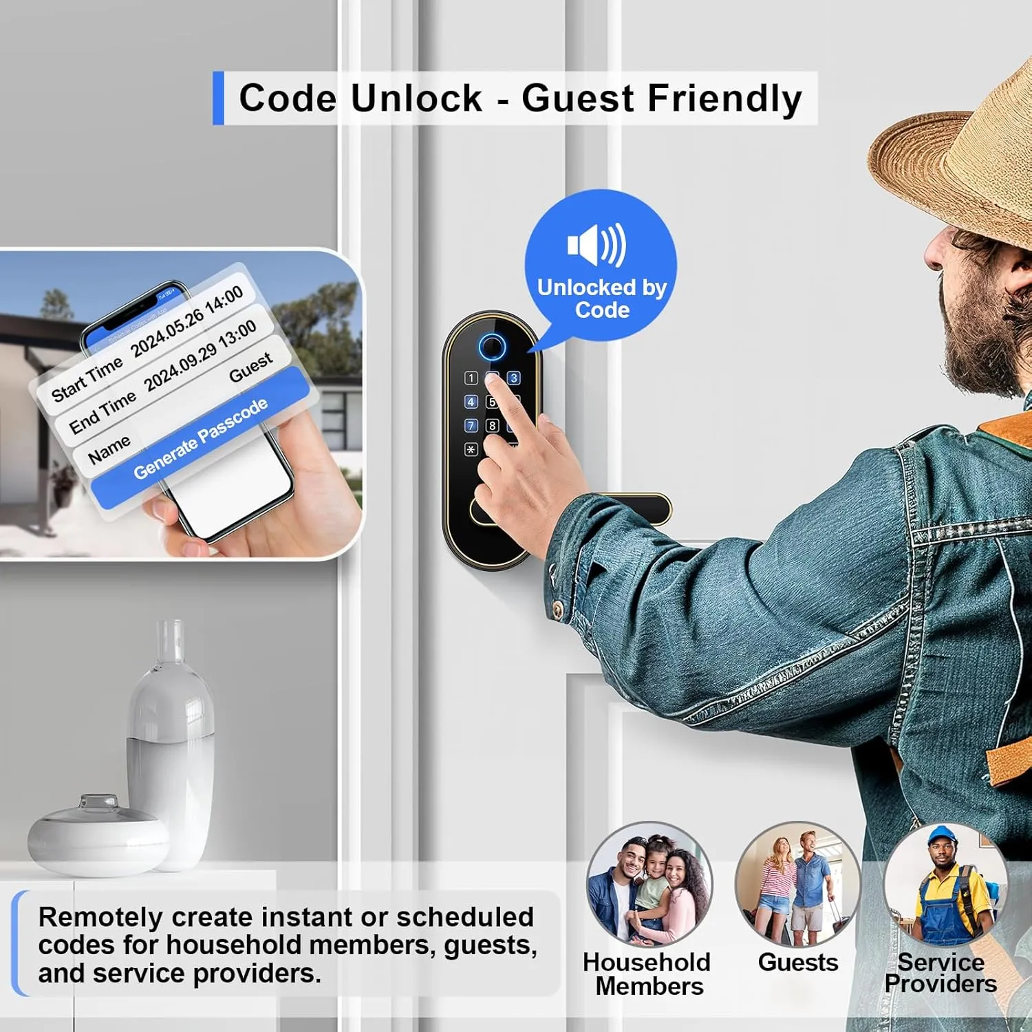 Keyless-Entry Keypad Fingerprint Smart Lock: Digital Door Lock with Code Passcode, Electronic Door Handle, Biometric Door Knob for Entry Door, Bedroom Door (Gold)