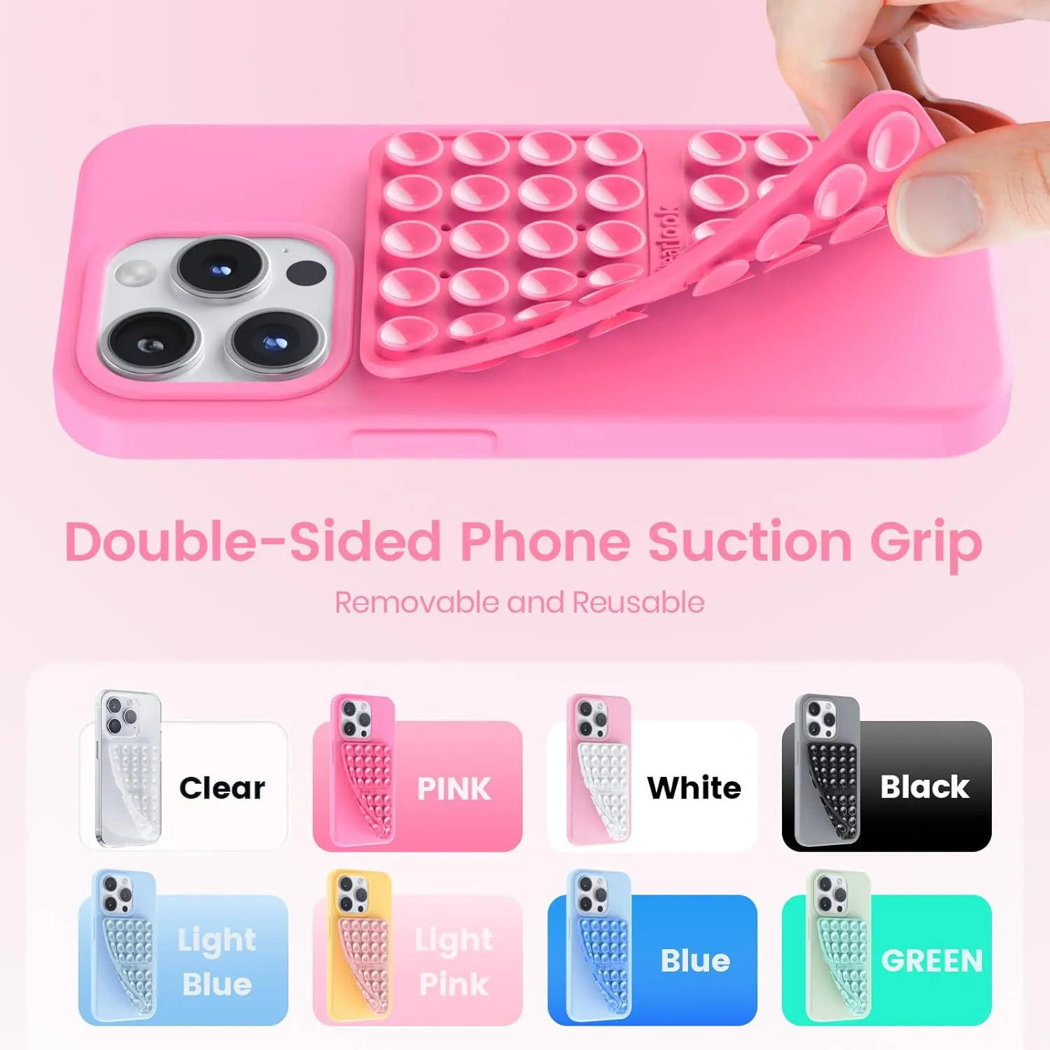 Klearlook 4Pack Silicone Suction Cup Phone Case Mount Double Sided, Sticky Phone Grip for Cell Phone, Hands-Free Phone Accessories for Selfies and Videos, Clear & Light Pink & Hot Pink & Black