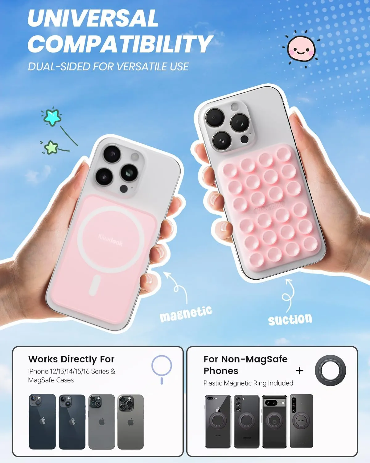 Klearlook Magnetic Suction Phone Mount for MagSafe Case, Silicone Sticky Phone Grip Holder for iPhone 16/15/14/13/12 Series, Removable Hands-Free Video/Selfie, Women Girl Teen Gift, Light Pink