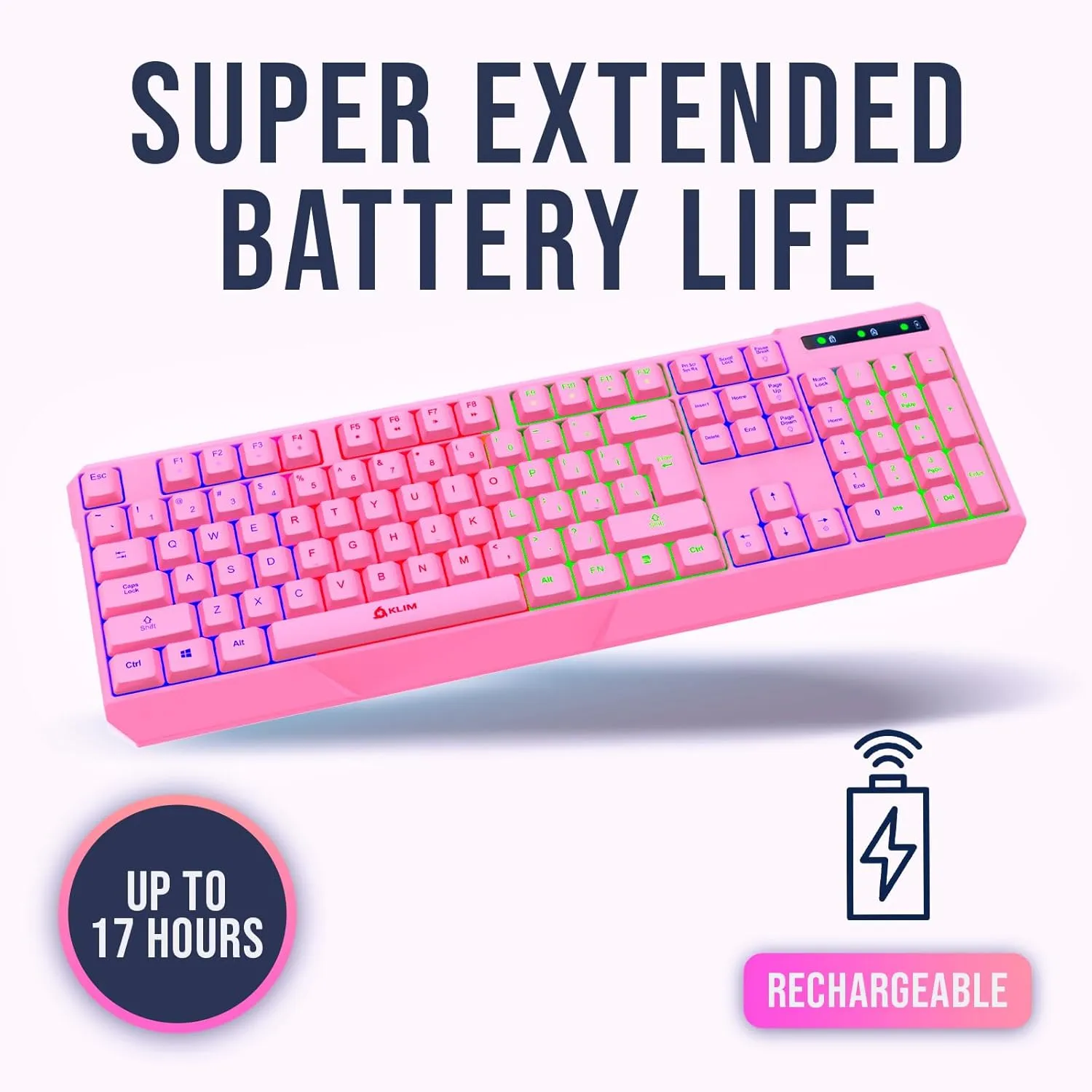 KLIM Chroma Wireless Gaming Keyboard RGB - New Version - Long-Lasting Rechargeable Battery - Quick and Quiet Typing - Water Resistant Backlit Wireless Keyboard for PC PS5 PS4 Xbox One Mac - Pink