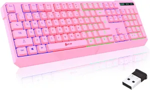 KLIM Chroma Wireless Gaming Keyboard RGB - New Version - Long-Lasting Rechargeable Battery - Quick and Quiet Typing - Water Resistant Backlit Wireless Keyboard for PC PS5 PS4 Xbox One Mac - Pink