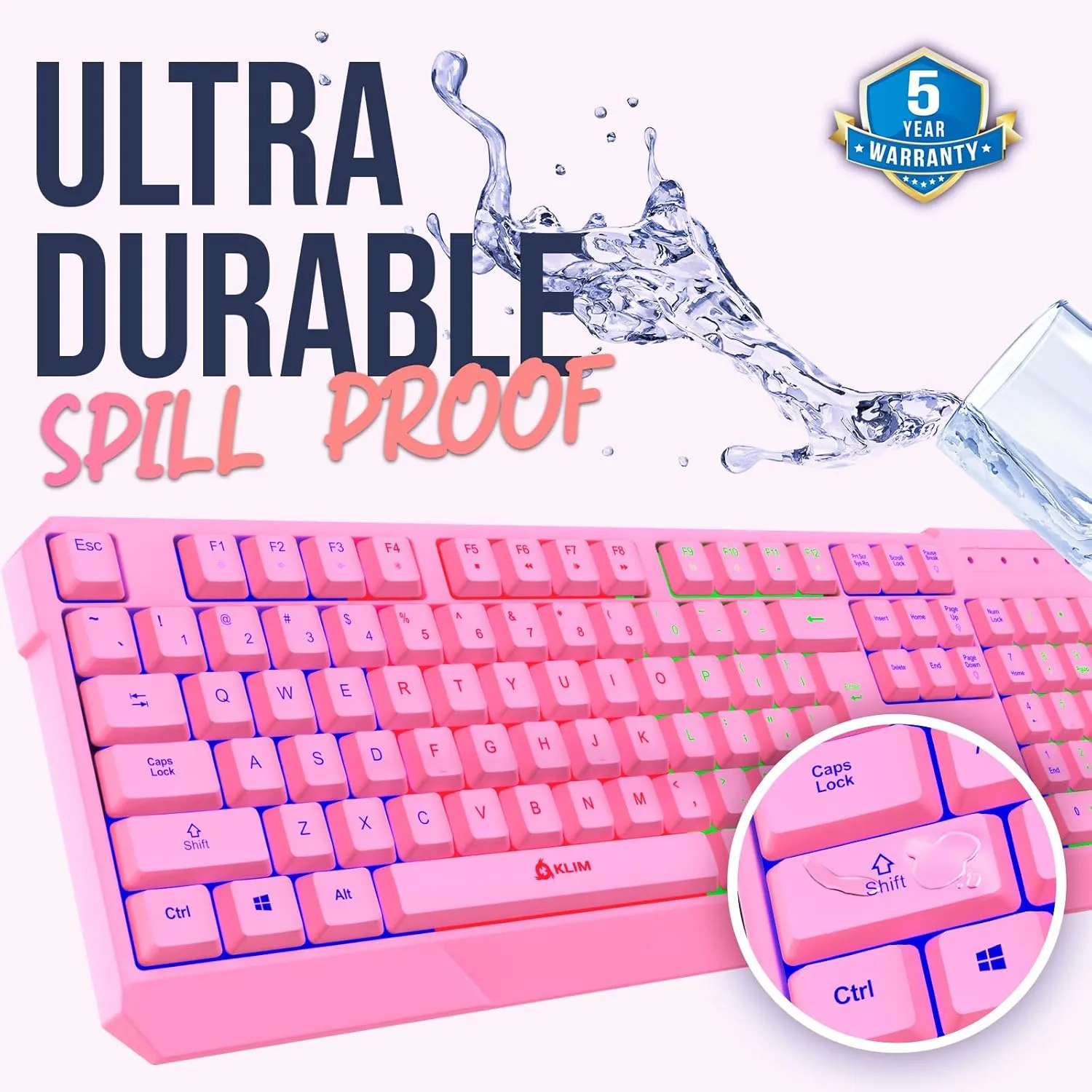 KLIM Chroma Wireless Gaming Keyboard RGB - New Version - Long-Lasting Rechargeable Battery - Quick and Quiet Typing - Water Resistant Backlit Wireless Keyboard for PC PS5 PS4 Xbox One Mac - Pink