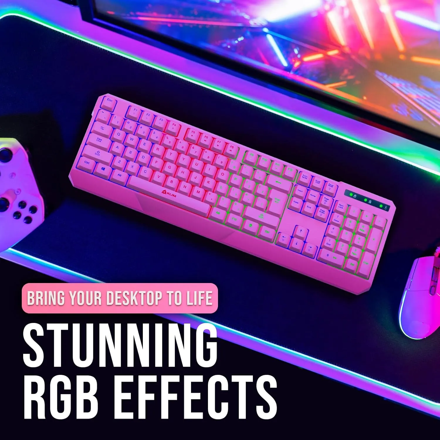 KLIM Chroma Wireless Gaming Keyboard RGB - New Version - Long-Lasting Rechargeable Battery - Quick and Quiet Typing - Water Resistant Backlit Wireless Keyboard for PC PS5 PS4 Xbox One Mac - Pink