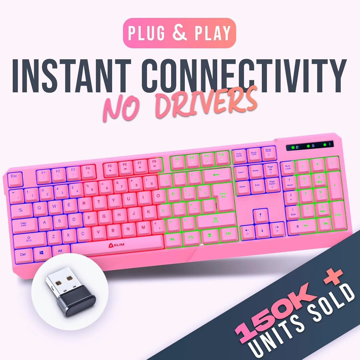 KLIM Chroma Wireless Gaming Keyboard RGB - New Version - Long-Lasting Rechargeable Battery - Quick and Quiet Typing - Water Resistant Backlit Wireless Keyboard for PC PS5 PS4 Xbox One Mac - Pink