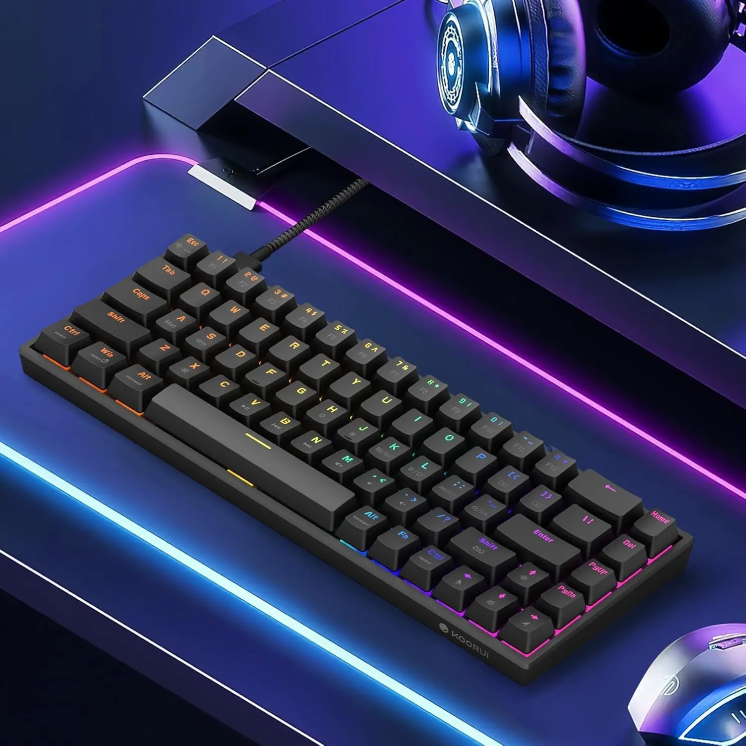 KOORUI Gaming Keyboard 60 Percent, Wired Ultra-Compact Mechanical Keyboard 68 Keys,Mini Keyboards with RGB Backlit for Windows MacOS Linux-Easy to Carry On Trip