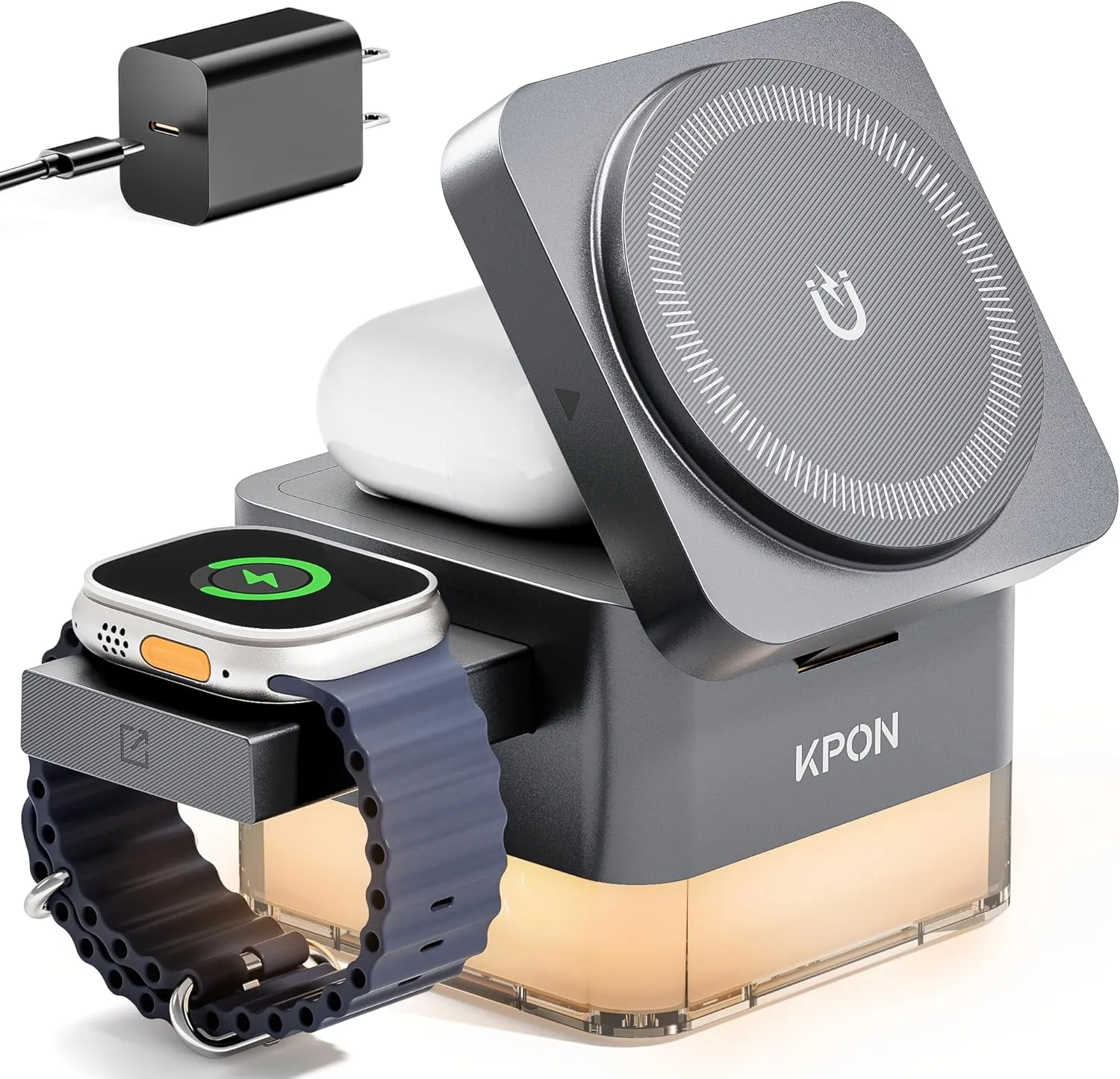 KPON for iPhone Nightstand Charging Station,15W 3 in 1 Wireless Charger Stand with Night Lamp,Travel Foldable Cube Magsafe Dock for iPhone 16 15 14 13 12 Series/Apple Watch/Airpods/Samsung Phone