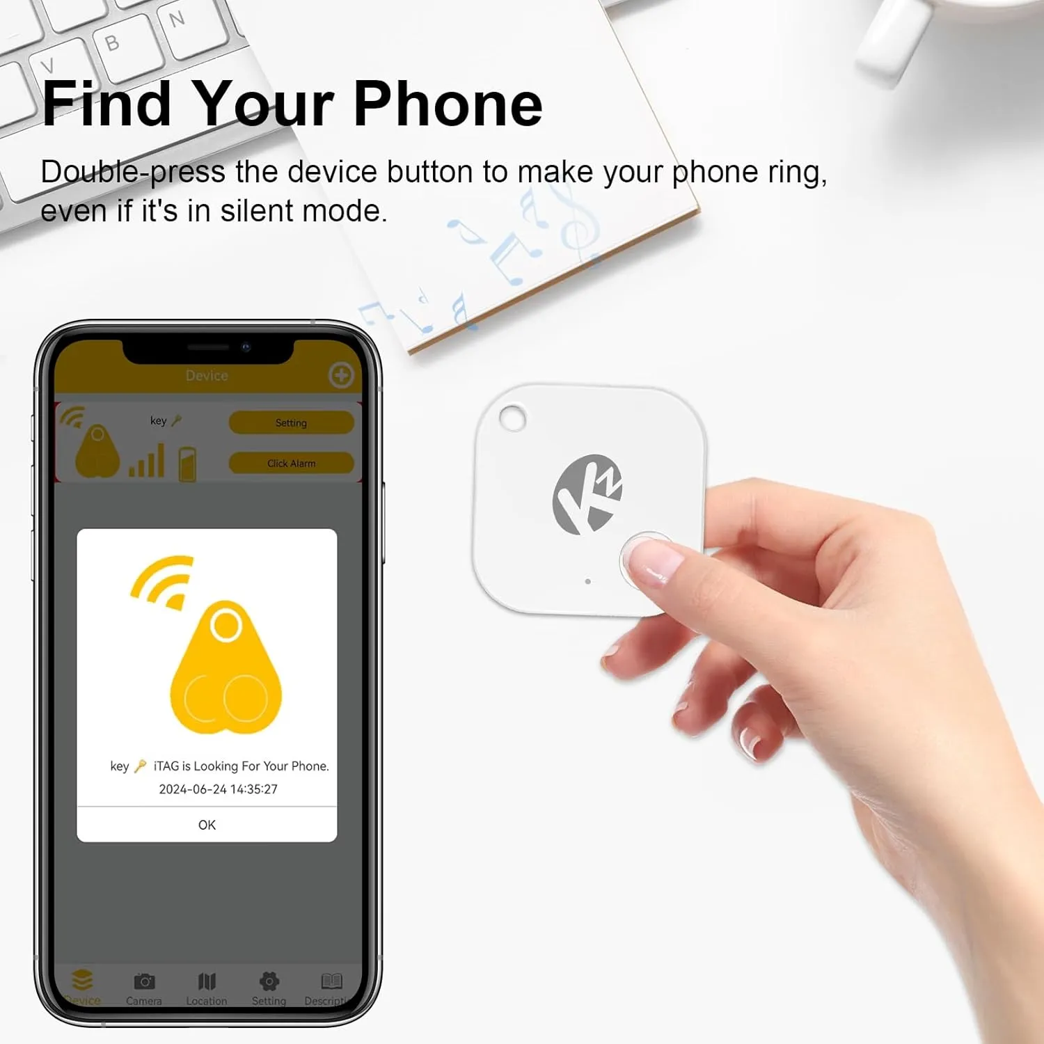 KZO Bluetooth Air Tracker Tag 1 Pack, iOS and Android Compatible, Find Nearby, Phone Finder, Loud Ring, Replaceable Battery, Suitable to Track Keys/Backpacks/Luggage/Suitcases, White