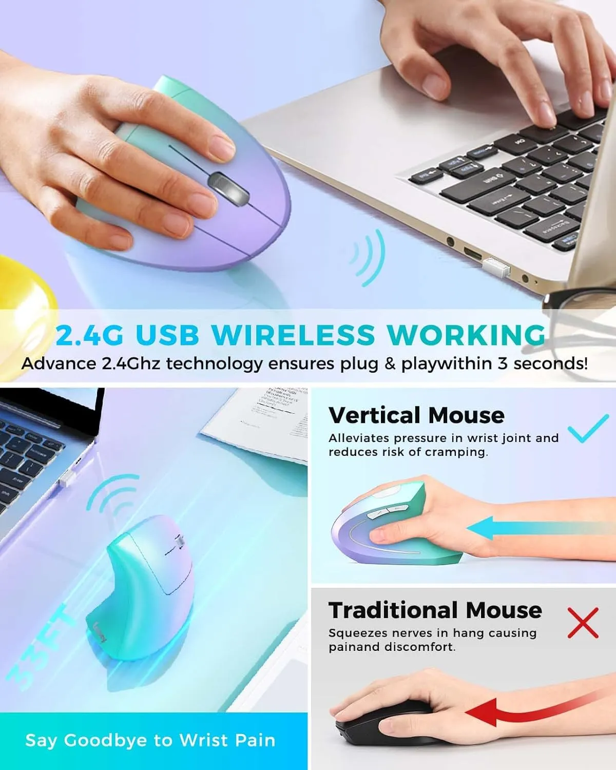 Lekvey Ergonomic Mouse, Vertical Wireless Mouse, Rechargeable 2.4G Optical Carpal Tunnel Mice: 800/1200 / 1600 DPI, 6 Buttons, for Laptop, PC, Computer, Desktop, Notebook etc, Green Purple