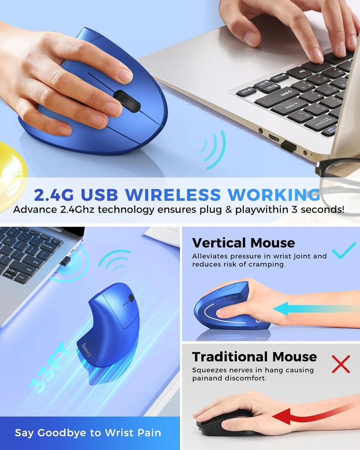 Lekvey Ergonomic Mouse, Vertical Wireless Mouse Rechargeable 2.4G USB Optical Carpal Tunnel Mice : 3 DPI 800/1200/1600 Levels 6 Buttons, for Laptop, PC, Computer, Desktop, Notebook etc, Blue