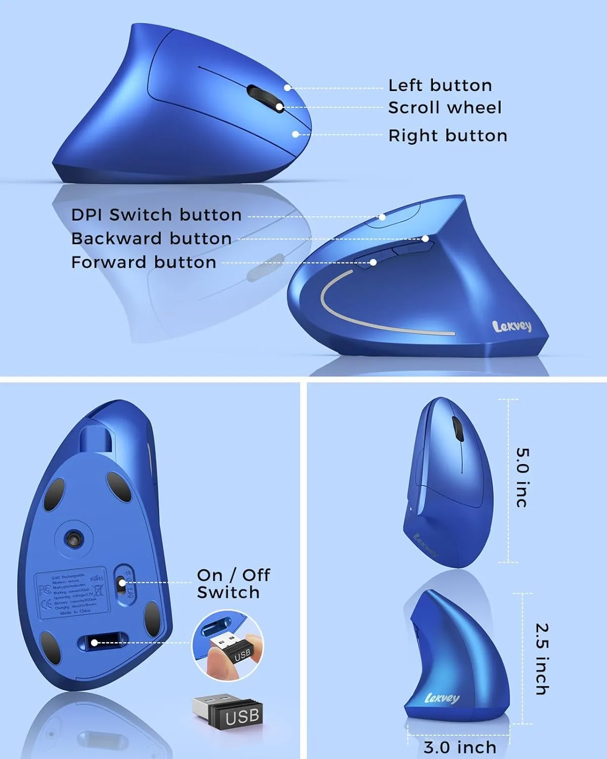 Lekvey Ergonomic Mouse, Vertical Wireless Mouse Rechargeable 2.4G USB Optical Carpal Tunnel Mice : 3 DPI 800/1200/1600 Levels 6 Buttons, for Laptop, PC, Computer, Desktop, Notebook etc, Blue