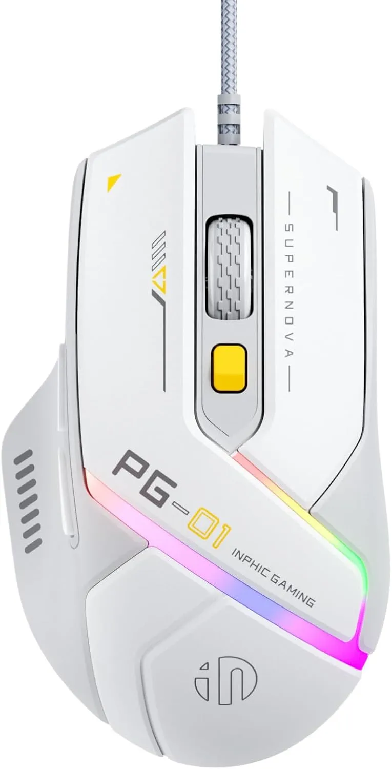Lightweight Gaming Wired Mouse,12800 DPI Adjustable,6 Programmable Buttons,12 RGB Breathing Mice,Ergonomic USB Optical pc Gaming Mouse,for pc,Laptop and Desktop (White)