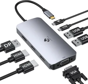 LIONWEI USB C Docking Station Dual Monitor, Laptop Docking Station 3 Monitors Quadruple Display with Dual 4K HDMI, DP, VGA, 100W PD, 3 USB C/A 2.0, Laptop Dock for Dell, Lenovo, HP, Surface
