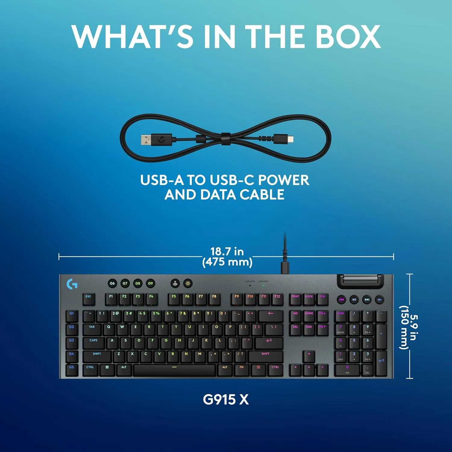 Logitech G915 X Wired Mechanical Gaming Keyboard, Double-Shot PBT Keycaps, Fully Programmable Keys, RGB Backlit Mac/PC Gaming Keyboards, Aluminum Finish, GL Tactile Switches, Black