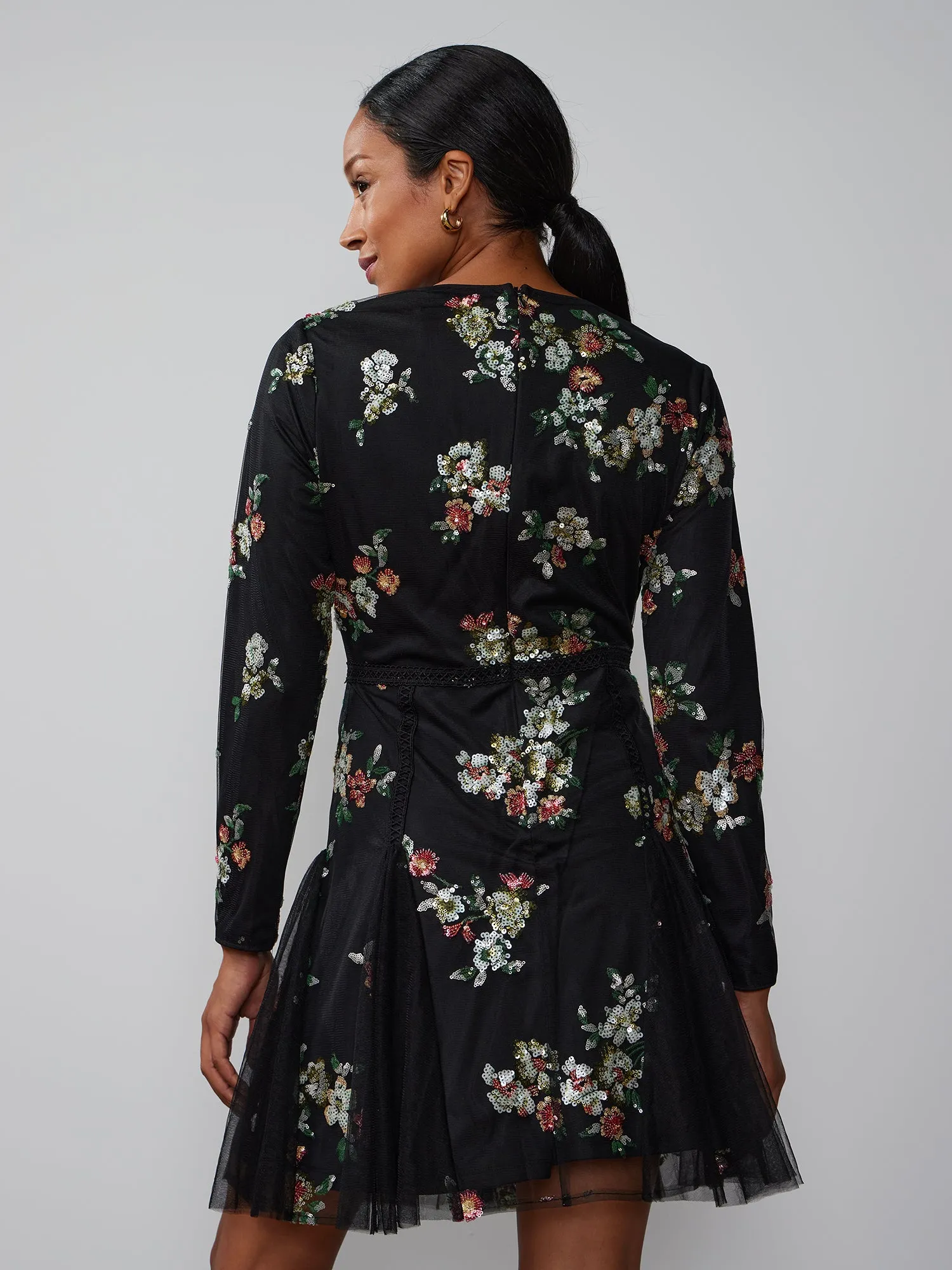 Long Sleeve Floral Embellished Sequin Mini Dress