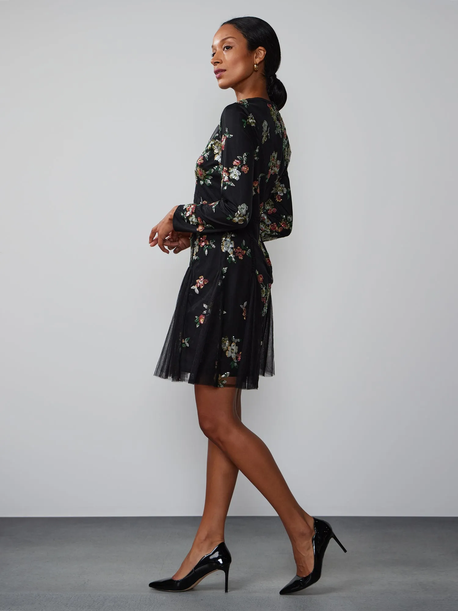 Long Sleeve Floral Embellished Sequin Mini Dress