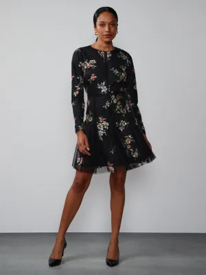 Long Sleeve Floral Embellished Sequin Mini Dress