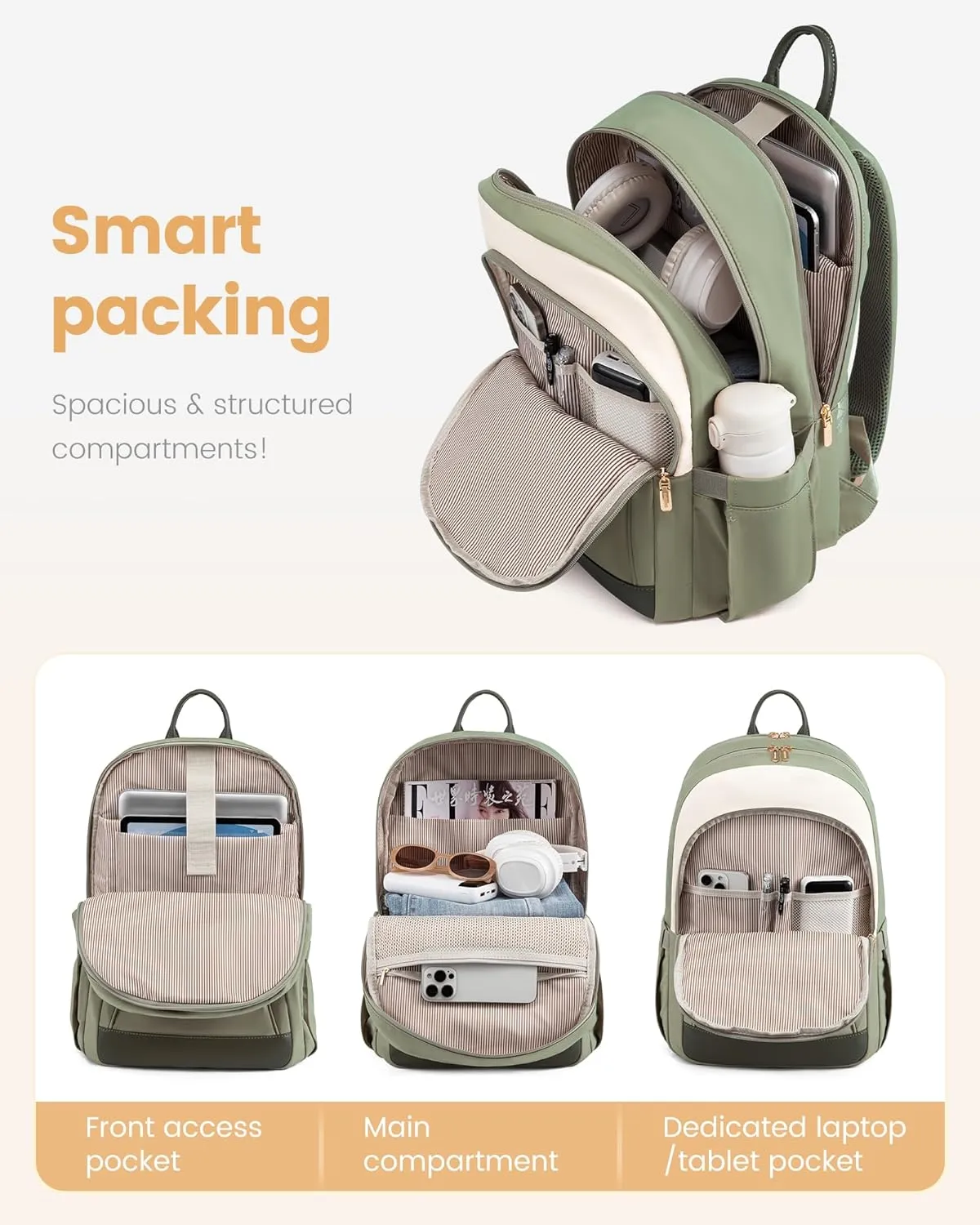 LOVEVOOK Travel Laptop Backpack Women, 15.6 lnch Anti Theft College Backpack Woman with Laptop Compartment, Large Water Resistant Black Computer Daypack for Work Casual Travel Essentials, Beige green