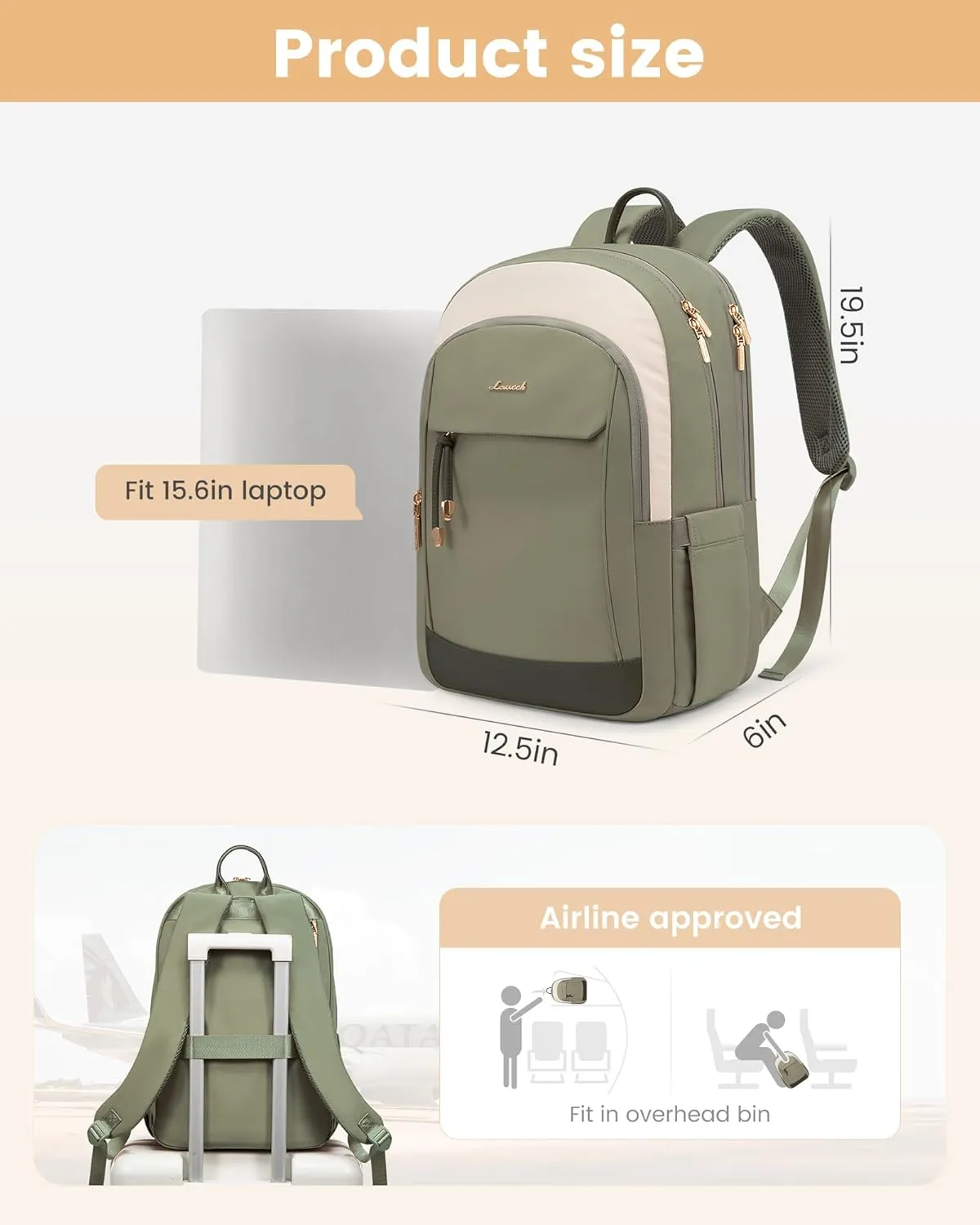 LOVEVOOK Travel Laptop Backpack Women, 15.6 lnch Anti Theft College Backpack Woman with Laptop Compartment, Large Water Resistant Black Computer Daypack for Work Casual Travel Essentials, Beige green