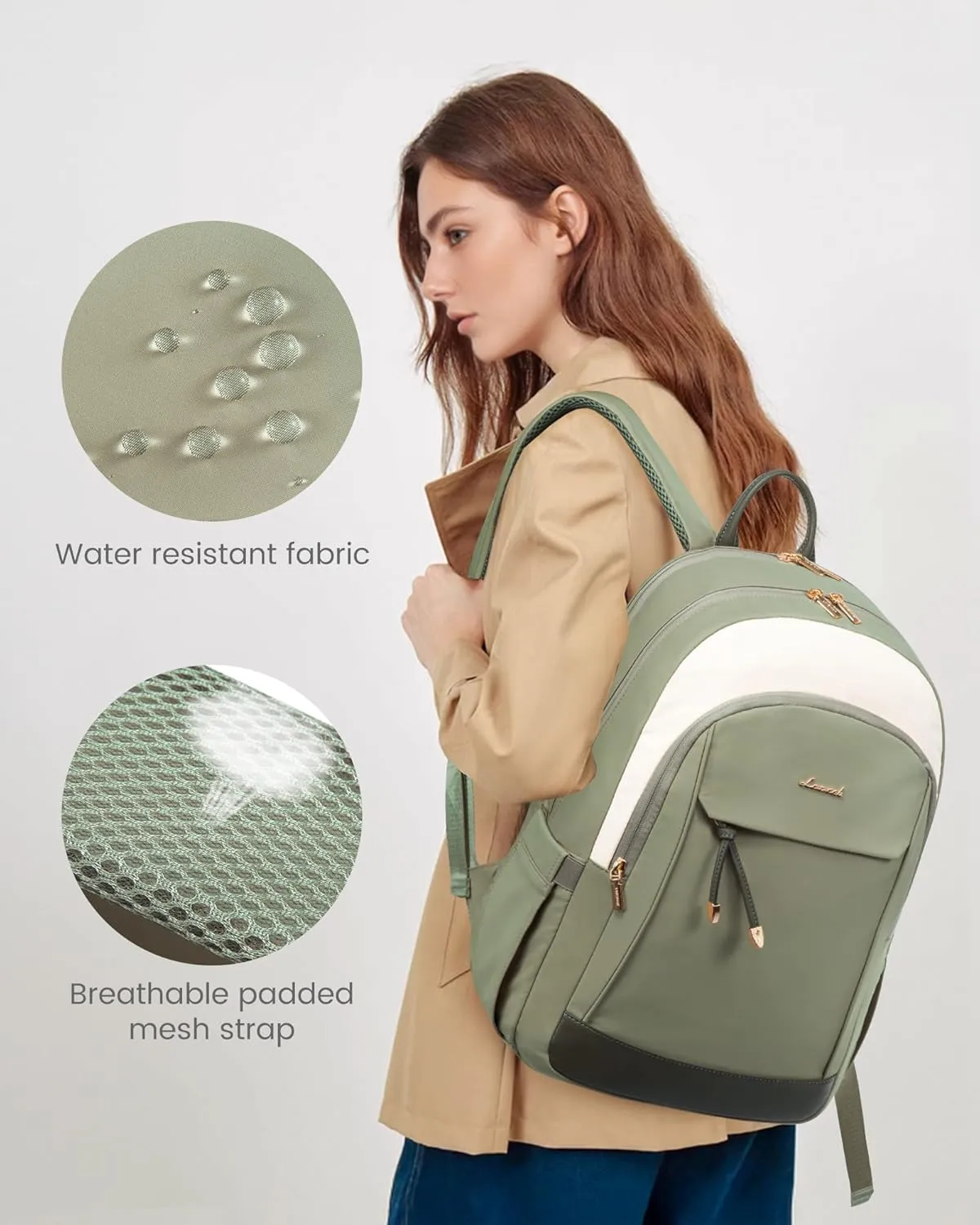 LOVEVOOK Travel Laptop Backpack Women, 15.6 lnch Anti Theft College Backpack Woman with Laptop Compartment, Large Water Resistant Black Computer Daypack for Work Casual Travel Essentials, Beige green