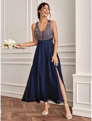 Luolandi A-Line Wedding Guest Dresses Sparkle & Shine Dress Holiday Ankle Length Sleeveless V Neck Sequined with Sequin
