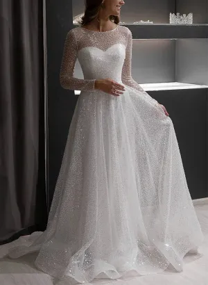 Luolandi Illusion Neck Long Sleeves Sweep Train Sequined Wedding Dresses Floor Length Sparkly