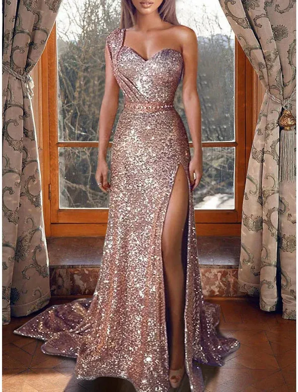 Luolandi Mermaid Dress Evening Dresses Christmas Red Green Dress Sparkle & Shine Dress Prom Formal Evening Court Train One Shoulder Sleeveless Sequined with Sequin Slit Sexy