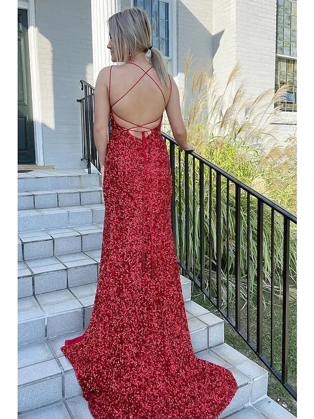 Luolandi Mermaid / Trumpet Prom Dresses Hot Dress Formal Sweep / Brush Train Sleeveless Spaghetti Strap Sequined Backless