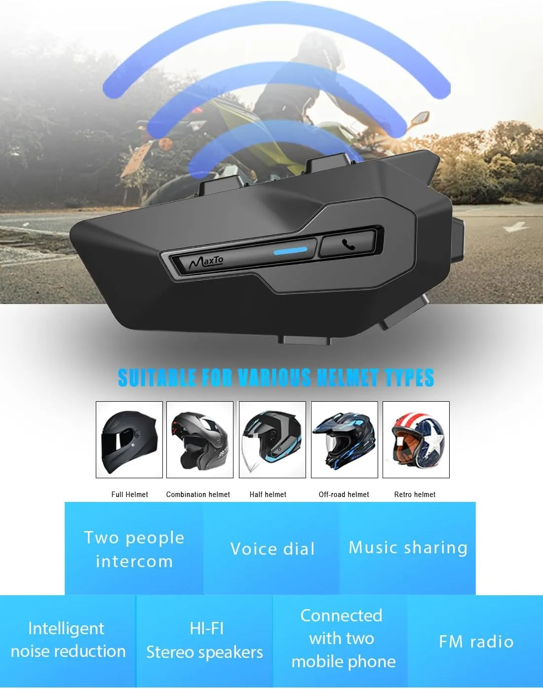 MAXTO Helmet Communication Systems, MX2 2-Riders 1000M Motorcycle Bluetooth Headset with Music Sharing, HiFi Stereo Sound/IPX6 Waterproof/FM Radio, Motorcycle Helmet Speaker Intercom Headset