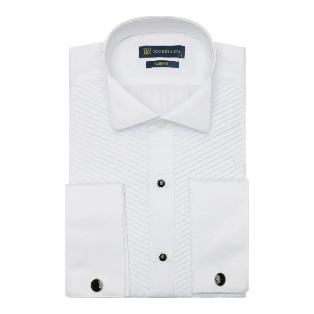 Mens Wing Collar White Shirt Pleated Tuxedo Double Cuff Slim Fit Satin Cotton