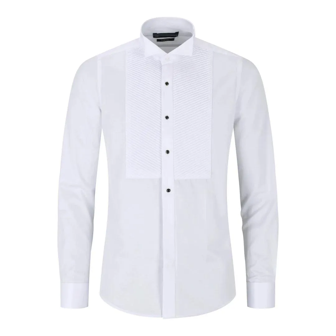 Mens Wing Collar White Shirt Pleated Tuxedo Double Cuff Slim Fit Satin Cotton