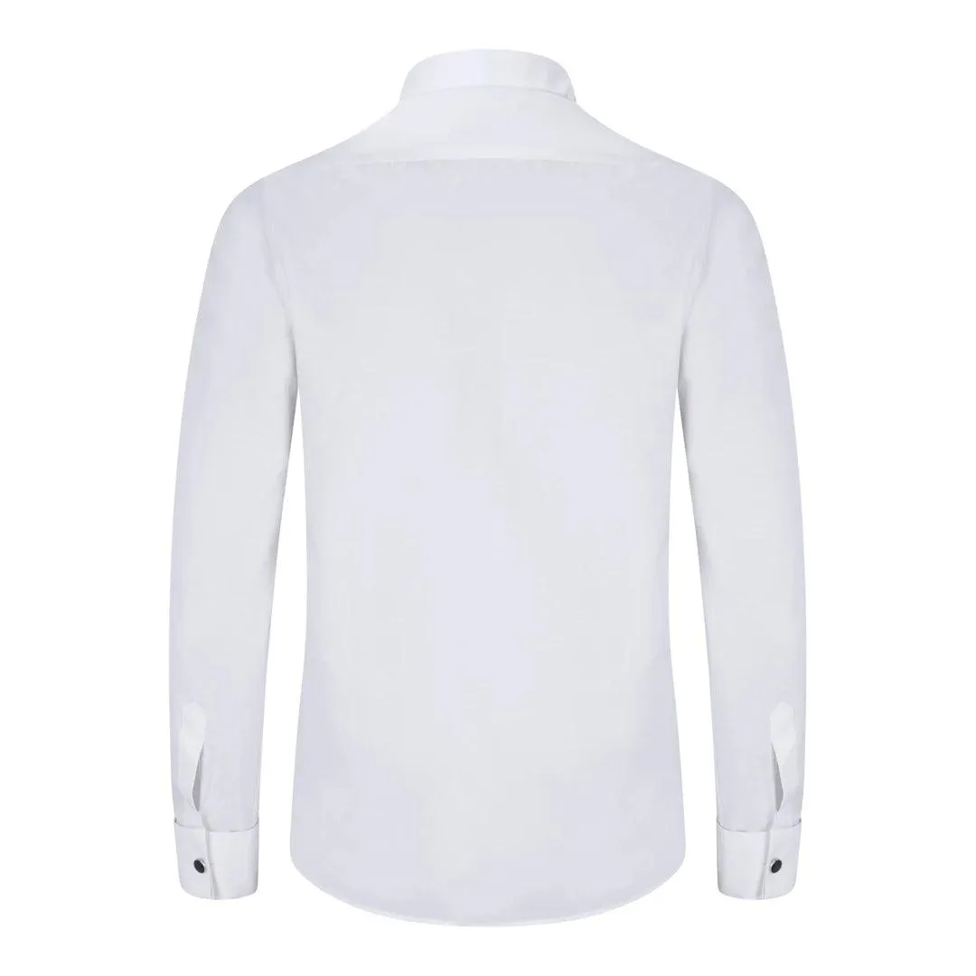Mens Wing Collar White Shirt Pleated Tuxedo Double Cuff Slim Fit Satin Cotton