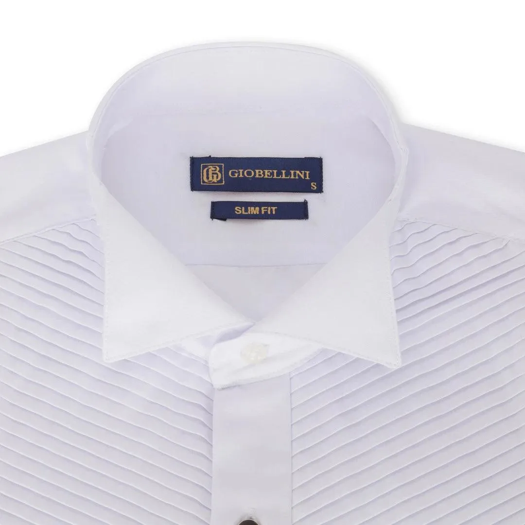 Mens Wing Collar White Shirt Pleated Tuxedo Double Cuff Slim Fit Satin Cotton