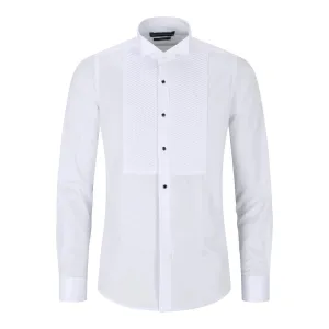 Mens Wing Collar White Shirt Pleated Tuxedo Double Cuff Slim Fit Satin Cotton