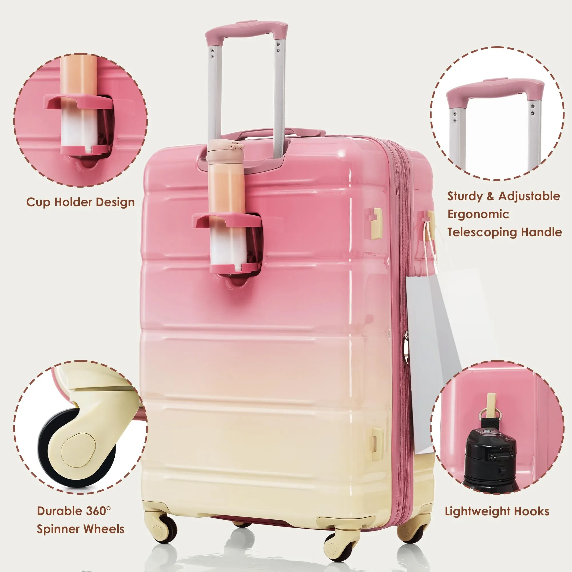 Merax 3 Pcs ABS Hardside Luggage Sets TSA Lock Spinner Wheel Suitcases, Pearly White, 20/24/28 Inch
