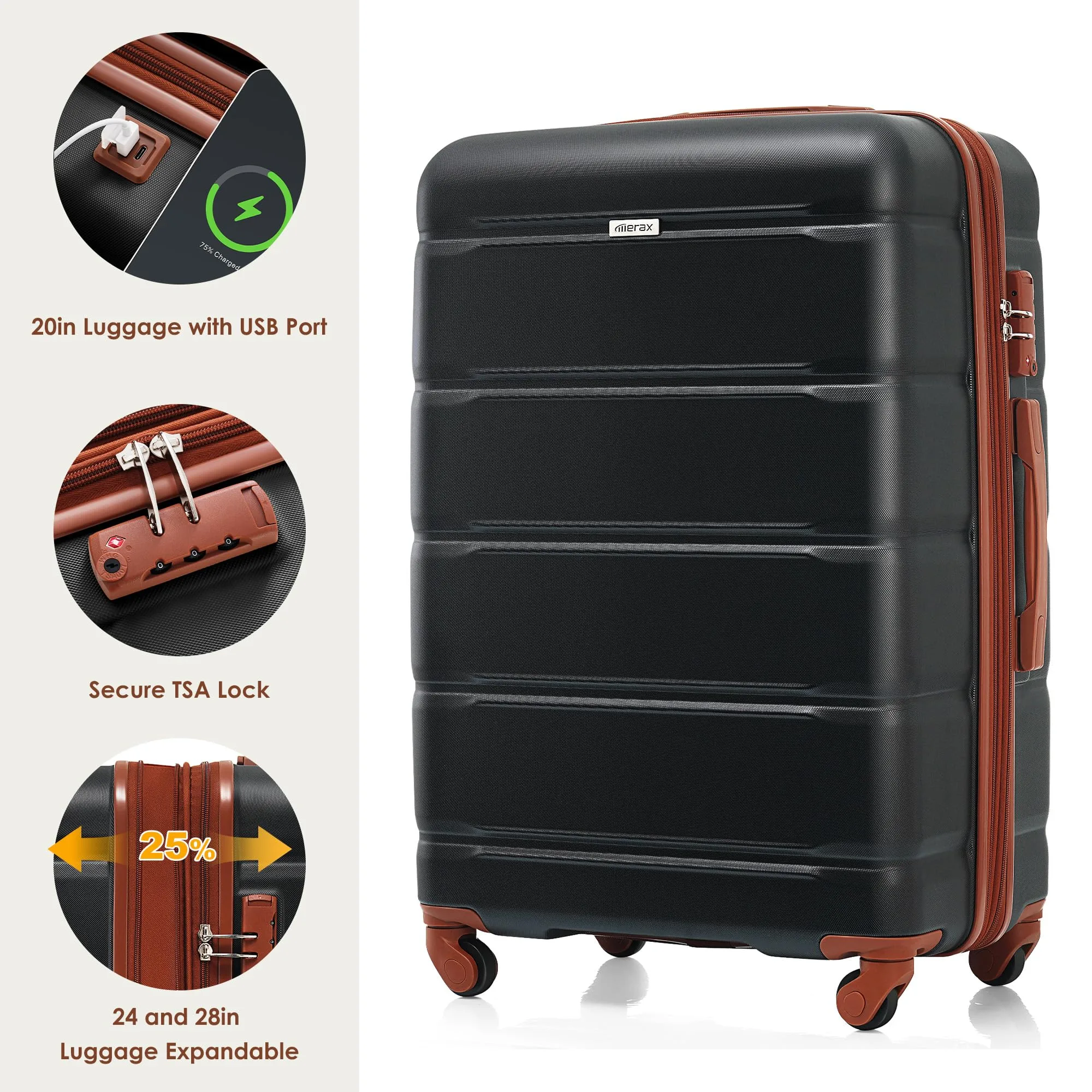 Merax 3 Pcs ABS Hardside Luggage Sets TSA Lock Spinner Wheel Suitcases, Pearly White, 20/24/28 Inch