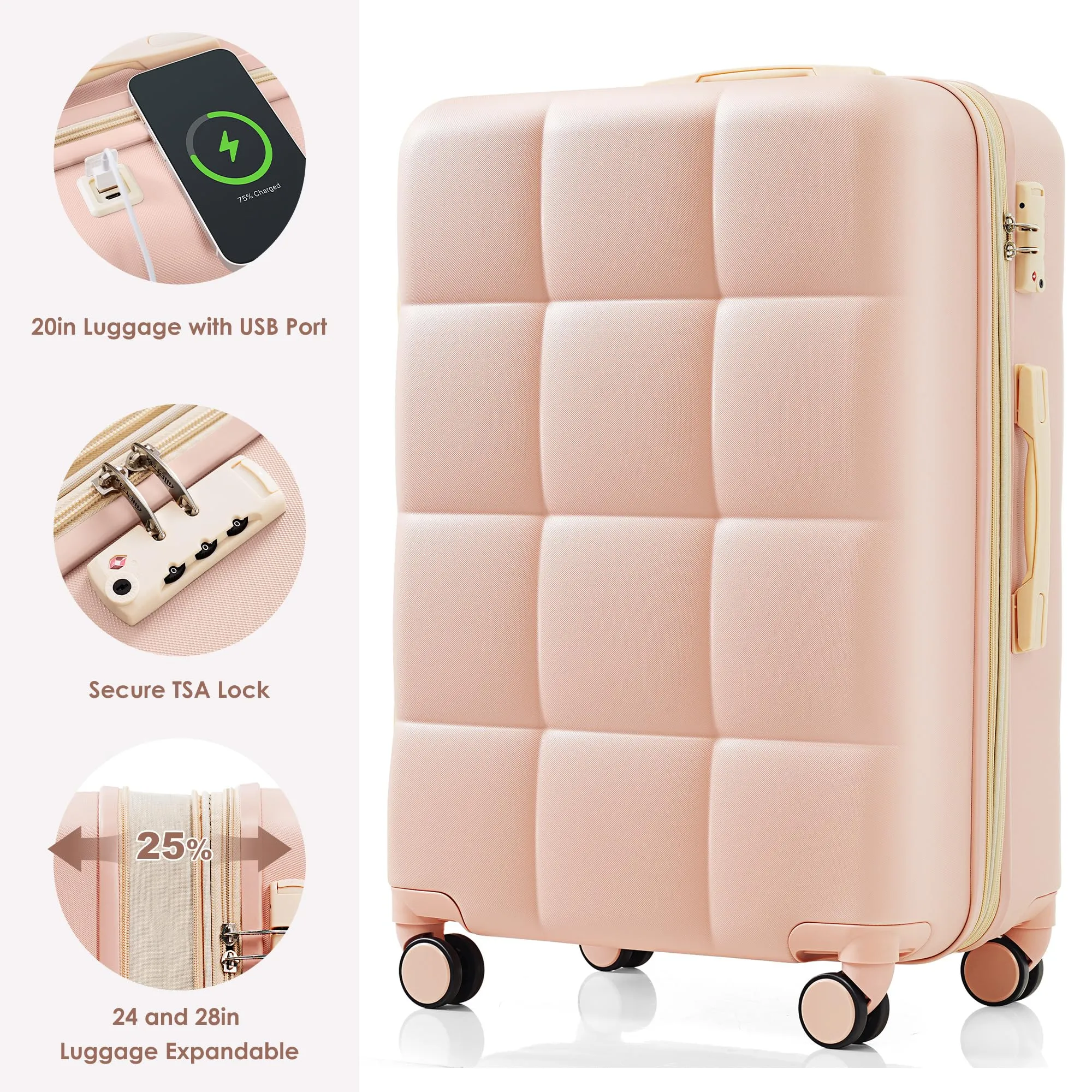 Merax 3 Pcs ABS Hardside Luggage Sets TSA Lock Spinner Wheel Suitcases, Pearly White, 20/24/28 Inch