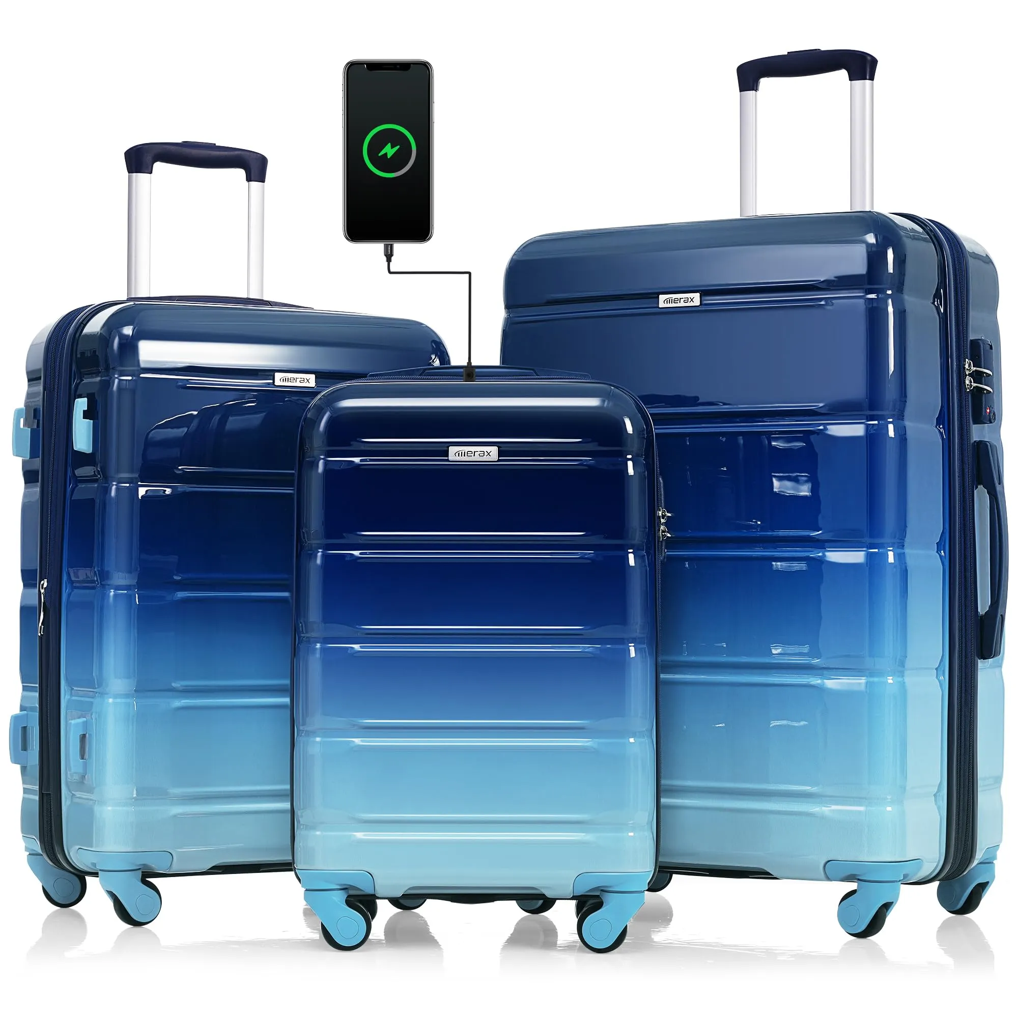 Merax 3 Pcs ABS Hardside Luggage Sets TSA Lock Spinner Wheel Suitcases, Pearly White, 20/24/28 Inch