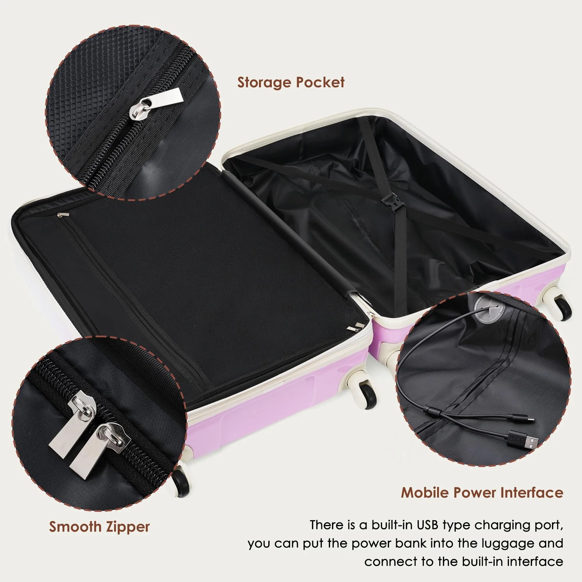 Merax 3 Pcs ABS Hardside Luggage Sets TSA Lock Spinner Wheel Suitcases, Pearly White, 20/24/28 Inch