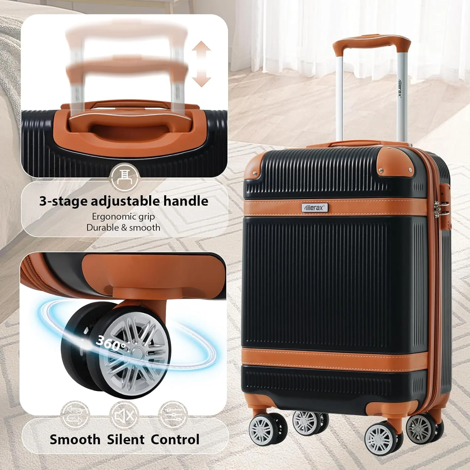 Merax 3 Pcs ABS Hardside Luggage Sets TSA Lock Spinner Wheel Suitcases, Pearly White, 20/24/28 Inch